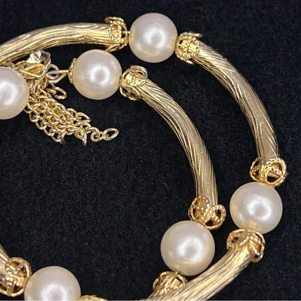 Vintage Gold Plated Wrap Memory Bracelet Tassels Faux Pearl Retro Glam Wedding